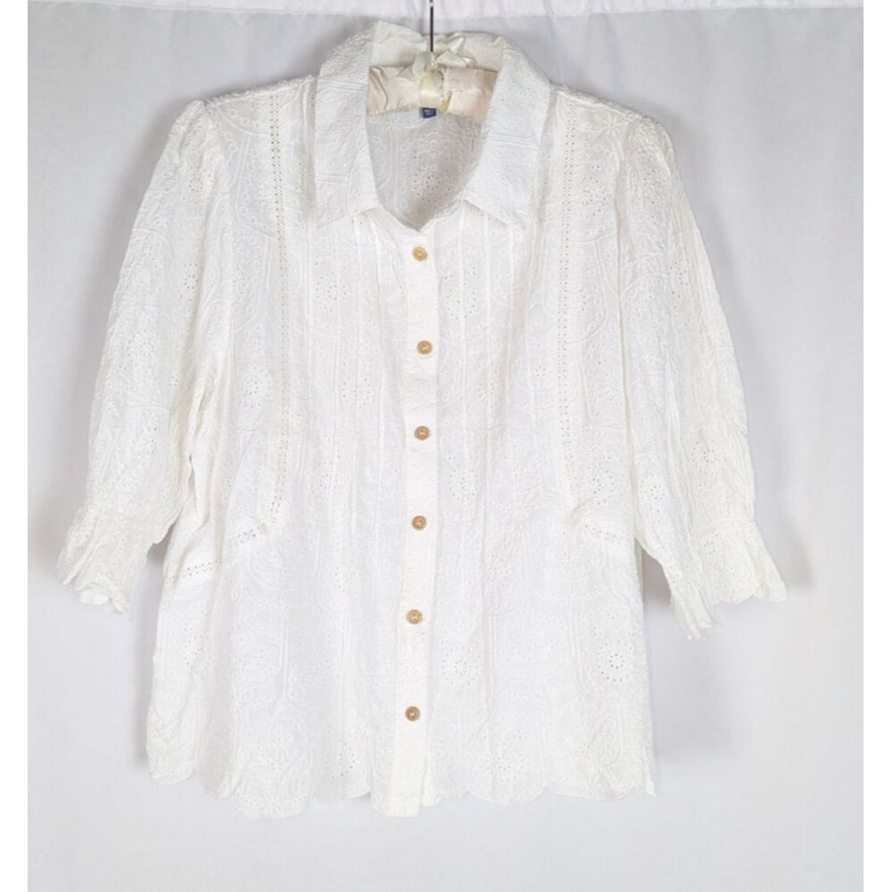 Democracy Embroidered Eyelet Button Down Blouse White XL Cottagecore Boho Breezy